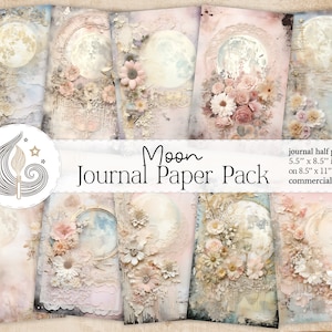 Kit de diário de lixo lunar | Páginas de lixo eletrônico | Papel de jornal lixo celestial | Lua cheia floral pastel chique romântica | Álbum de recortes