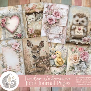 Tiernas páginas de diario basura para San Valentín / Animales románticos / Corazones florales vintage / Kit de scrapbooking / Manualidades para hacer uno mismo / Papel imprimible