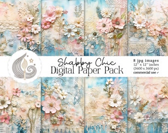 Shabby Chic Digital Paper Pack: 3D Floral Mixed-Media Backgrounds in Pastel Tones