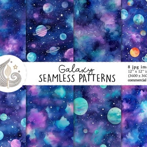 Naadloos melkwegpatroon | Commercieel gebruik | Digitaal Galaxy-papier | Aquarel Heelal Nachtelijke Hemel Sterren Nevel Planeten | Plakboekpapier