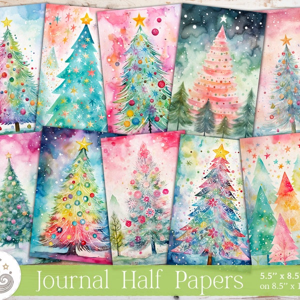 Whimsical Christmas Tree Junk Journal Half Pages, Printable Paper Pack, Journal Supplies, Scrapbooking Kit, Craft, Collage, Cards