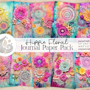 Hippie Junk Journal / Coloridas páginas de diarios basura florales / Descarga digital / Coloridos papeles de diario basura de arte hippie / Elaboración / Bricolaje