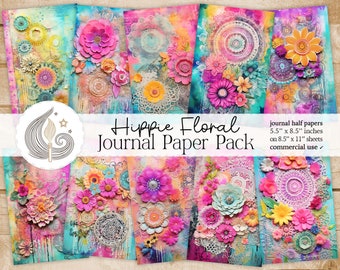 May include: A set of 8 digital papers featuring a hippie floral theme. The papers are 5.5 inches by 8.5 inches and are designed for use in journals. The papers feature a variety of colorful flowers, lace, and other decorative elements.