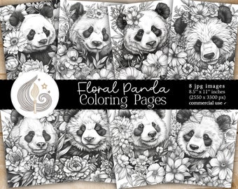 Panda Coloring Pages | Floral Panda Printable Coloring Pages | Panda Coloring Sheet | Panda Digital Coloring Book For Adults Jpg Download