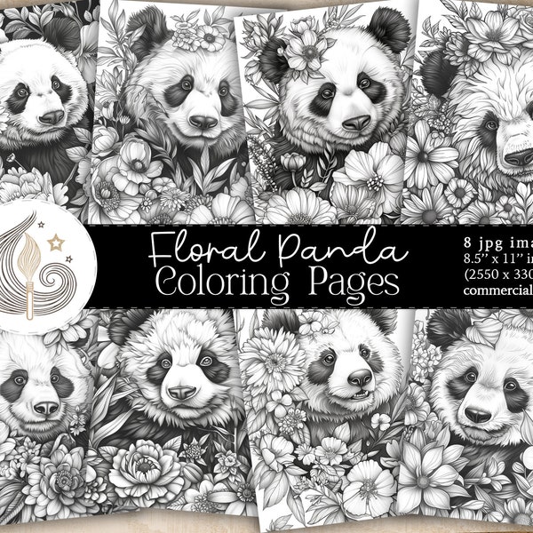 Panda Coloring Pages | Floral Panda Printable Coloring Pages | Panda Coloring Sheet | Panda Digital Coloring Book For Adults Jpg Download