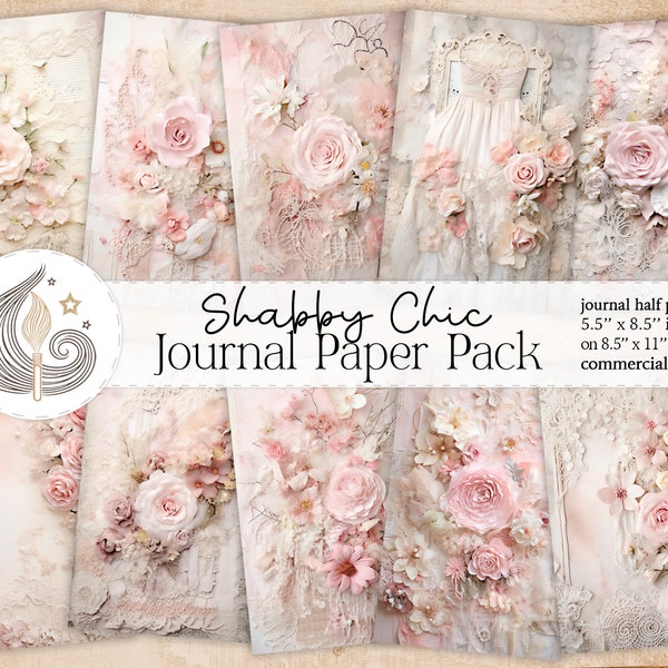 Papier journal indésirable Shabby Chic | Scrapbooking numérique | Fournitures pour journaux vintage | Kit de carnet romantique | Roses roses élégantes