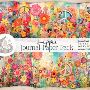 May include: A set of six digital papers featuring a colorful, whimsical design with flowers, peace signs, and butterflies. The papers are 5.5 inches by 8.5 inches and are designed for use in journals. The papers are for commercial use.