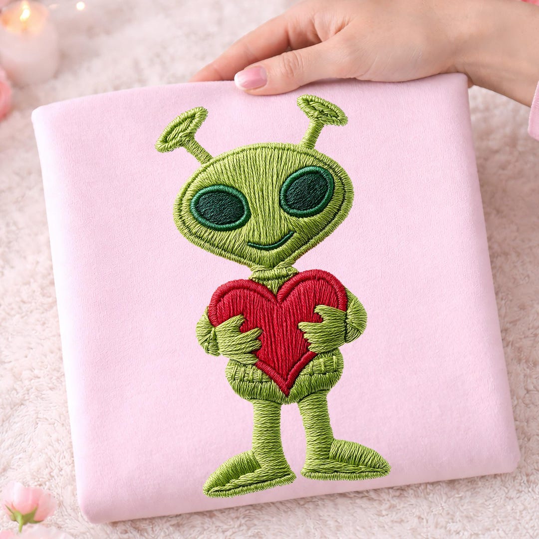 Faux Embroidery Alien Valentine PNG, Cute Alien Holding Heart ...