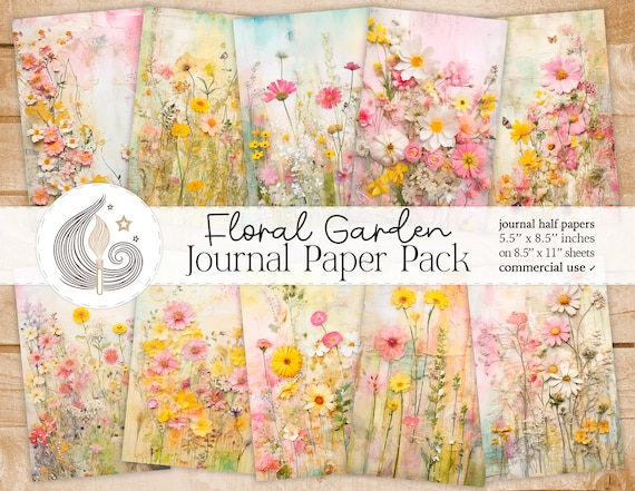 Floral Garden Junk Journal Pages: Botanical Papers with Wildflowers, Textured Layers, and Pastel Accents