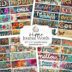 Parole del diario spazzatura stampabile hippie / Foglio collage / Parole del diario digitale / Effimeri hippie / Scrapbooking / Etichette / Tag