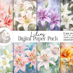 Papel Digital Lírio | Download Digital | Lírios aquarela | Uso Comercial | Pacote de papel digital floral | Álbum de recortes | Artesanato | Faça você mesmo
