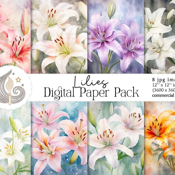 Lily Digital Paper | Digital Download | Watercolor Lilies | Commercial Use | Floral Digital Paper Pack | Scrapbooking | Crafts | Diy