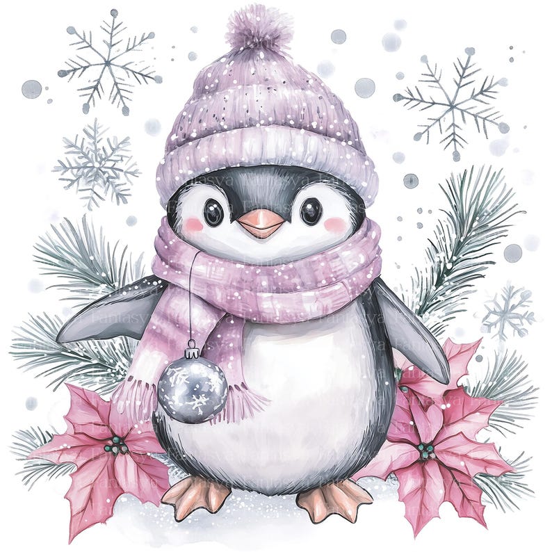 Puede incluir: Una ilustraci&oacute;n de acuarela de un ping&uuml;ino con un gorro y una bufanda de punto rosa con un adorno plateado. El ping&uuml;ino est&aacute; rodeado de copos de nieve y flores de poinsettia.
