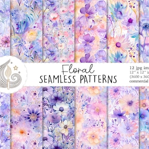 Op de afbeelding: Een set van 12 digitale naadloze patronen met aquarelbloemendesigns in tinten paars, roze en blauw. De patronen zijn 30,5 cm bij 30,5 cm en perfect voor commercieel gebruik.