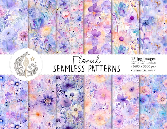 Floral Seamless Patterns: Pastel Watercolor Flower Digital Paper Pack in Lavender and Pink Shades