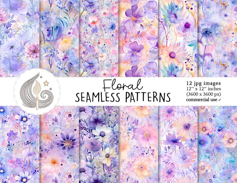 Op de afbeelding: Een set van 12 digitale naadloze patronen met aquarelbloemendesigns in tinten paars, roze en blauw. De patronen zijn 30,5 cm bij 30,5 cm en perfect voor commercieel gebruik.