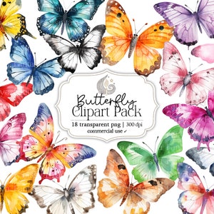 Paquete de imágenes prediseñadas de mariposas en acuarela, decoración de guardería, gráficos de primavera, descarga instantánea, papel digital para uso comercial