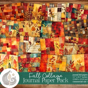 May include: A digital collage of 16 fall-themed journal papers featuring various patterns and colours, including red, orange, yellow, brown, and green. The papers are arranged in a grid pattern and feature images of leaves, branches, and plaid patterns. The text "Fall Collage Journal Paper Pack" is displayed at the bottom of the image.