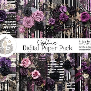 Pacote de papel digital Gothic Rose | Fundos de scrapbook românticos em roxo e preto | Conjunto de papel para colagem de renda floral escura para impressão