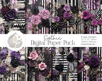 Gothic Digital Paper Pack: Dark Textured Backgrounds with Roses and Vintage Lace