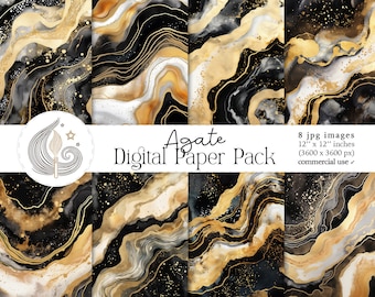 Agate Digital Paper Pack: Black Gold Marble Geode Backgrounds