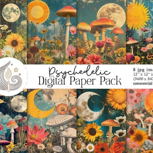 Psychedelisches Digitales Papier | Abgefahrene Hippie 60er 70er Jahre Retro Vintage Blumen Pilze | Scrapbook Papier | Collage | Mischtechnik