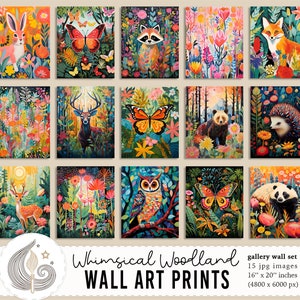 Conjunto de arte de pared con animales del bosque caprichosos / Decoración de guardería bohemia / Animales del bosque / Estampados botánicos / Arte de la naturaleza / Conjunto de pared de galería