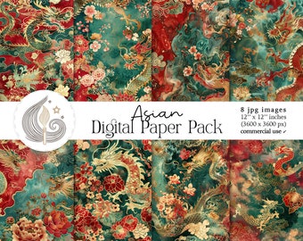 May include: A digital paper pack with 8 images featuring a repeating pattern of gold dragons, red and white flowers, and a teal and gold background. The images are 12 inches by 12 inches and are for commercial use.