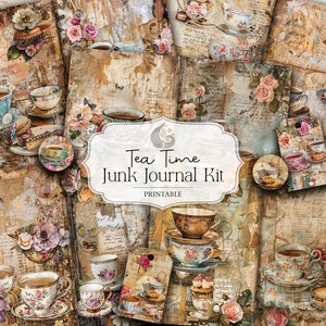 Kit de diario basura / Hora del té / Efímeras vintage / Descarga digital / Papel desgastado / Tazas de té y pasteles / Estilo shabby chic