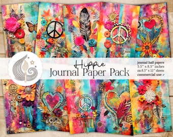 Hippie Junk Journal Pages: Vibrant Boho Papers with Hearts, Sunflowers, Feathers, and Symbols