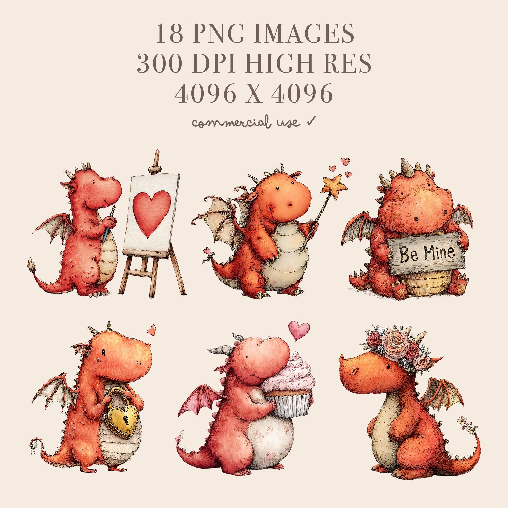 Cute Valentine Red Dragon Clipart Bundle: 18 Watercolor Dragon PNG ...