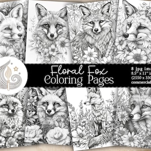 Floral Fox Printable Coloring Pages | Floral Fox Coloring Sheet | Greyscale Floral Fox Digital Coloring Book For Adults Jpg Download