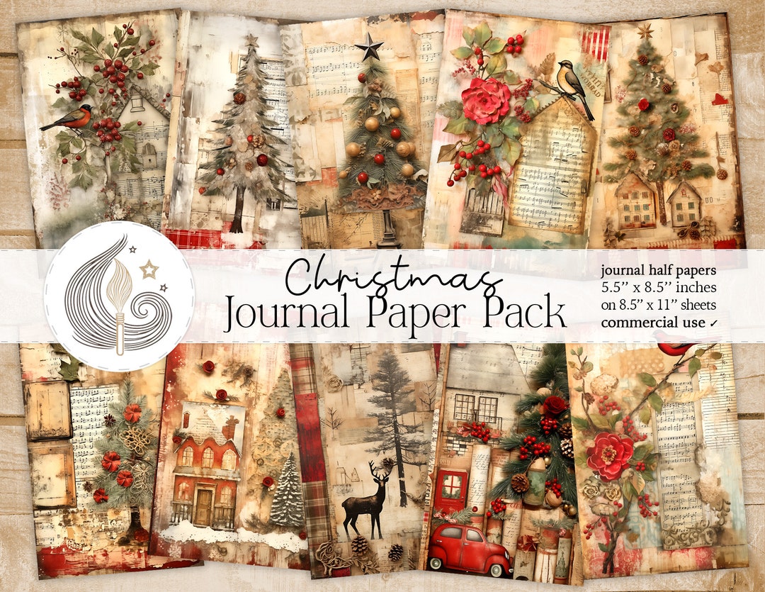 Christmas Junk Journal Pages: Holiday Papers With Houses Trees Red ...