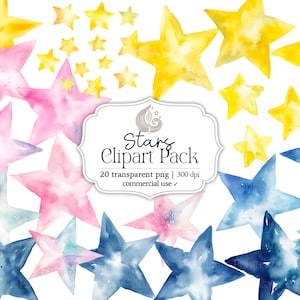 Aquarell Sterne Clipart | Digitaler Download | Handbemalte Sterne Png | Kommerzielle Nutzung | Kartengestaltung | Kinderzimmer | Kinder | Dekorationen
