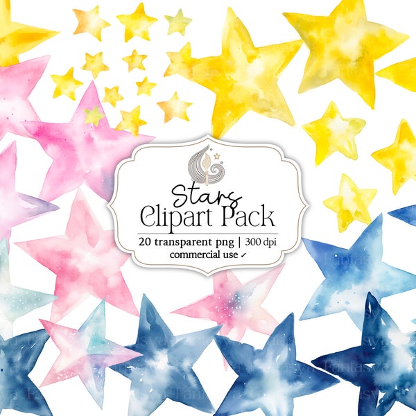 Watercolor Stars Clipart | Digital Download | Hand Painted Stars Png | Commercial Use | Card Making | Nursery | Kids | Decorations