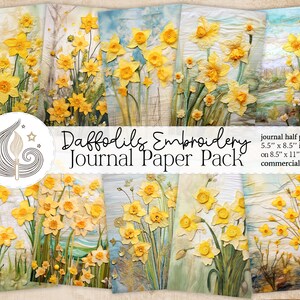 Junk Journal Seiten | Narzissen Stickerei | Frühlingsblumen | Digitales Papier | Scrapbooking Zubehör | Serviettentechnik | Basteln | Selbergemacht