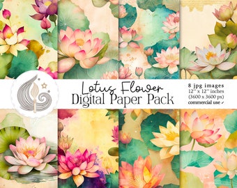 Lotus Flower Digital Paper Pack: Watercolor Botanical Backgrounds in Calming Tones