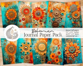 Bohemian Junk Journal Pages: Vibrant Sun Motif Backgrounds with Flowers Patterns and Texture