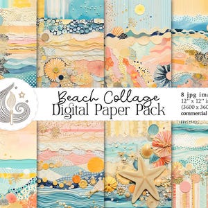 Beach Collage Digital Paper Pack | Ocean Summer Scrapbook Paper | Coastal Printable Backgrounds | Abstract Patterns | Mixed Media Art