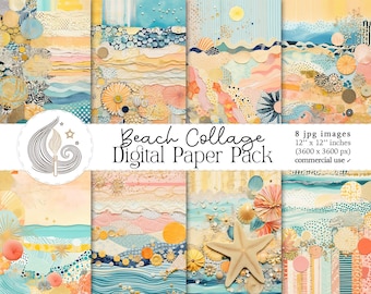 Digitaal papierpakket strandcollage: gemengde media achtergronden kust in tinten perzik en blauw
