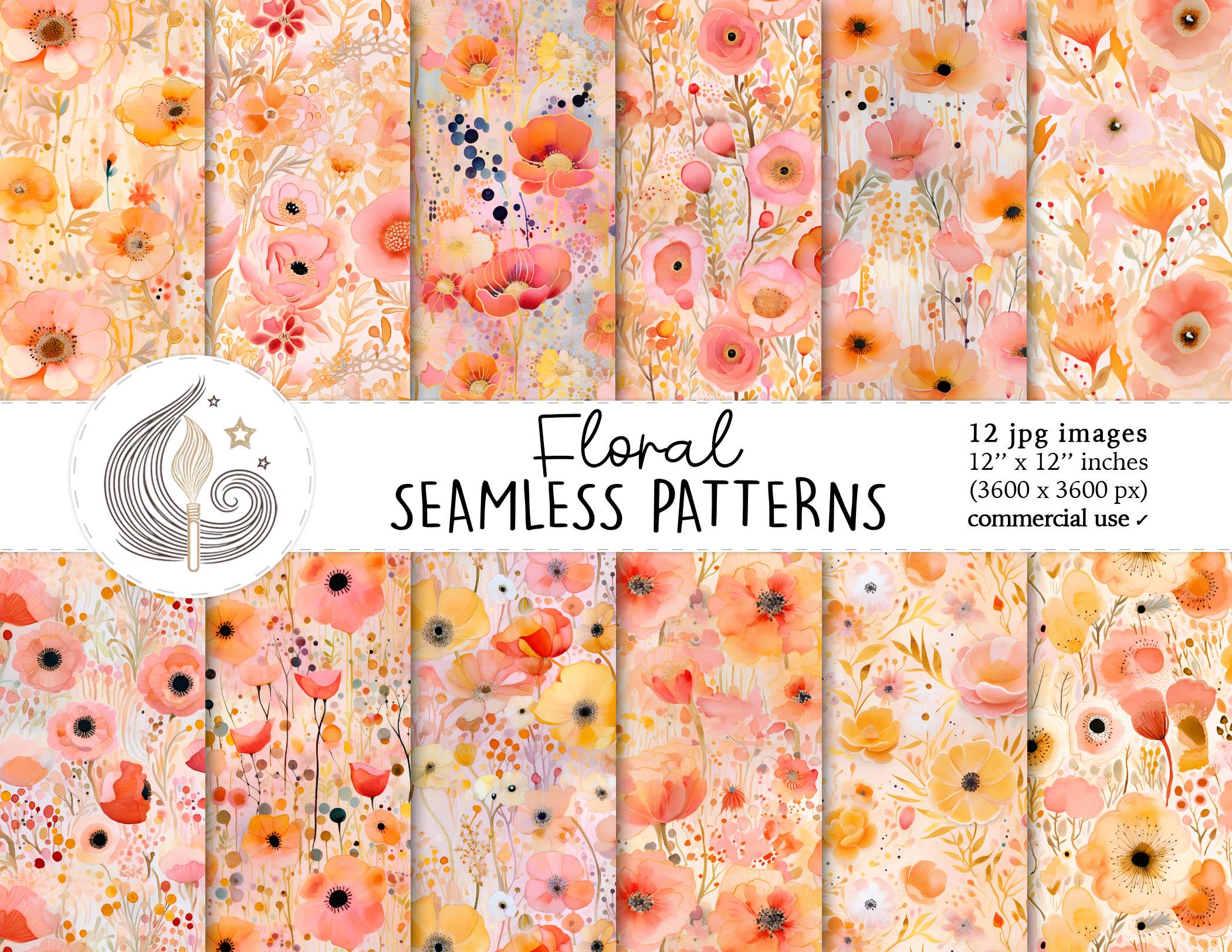 Floral Seamless Patterns: Warm Watercolor Flower Digital Paper Pack in ...