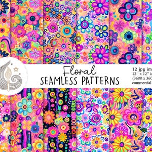 Motif floral transparent | Utilisation commerciale | Papier numérique floral rétro sans couture | Fond floral années 70 groovy | Papier pour scrapbooking | Bricolage