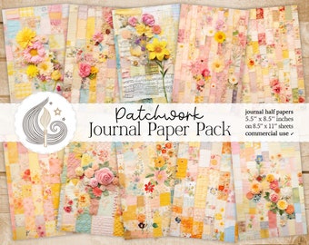 パッチワークのジャンクジャーナルページ：キルティングされた花柄の