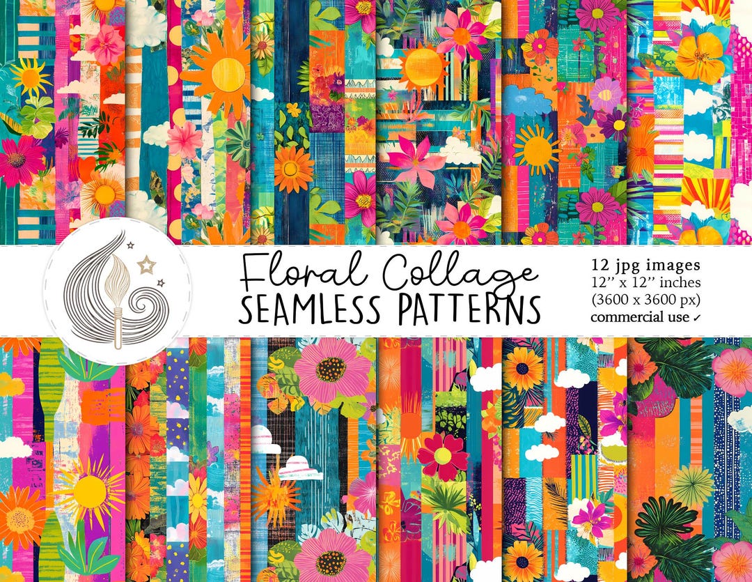 Floral Collage Seamless Patterns: Eclectic Flower Digital Paper Pack in ...