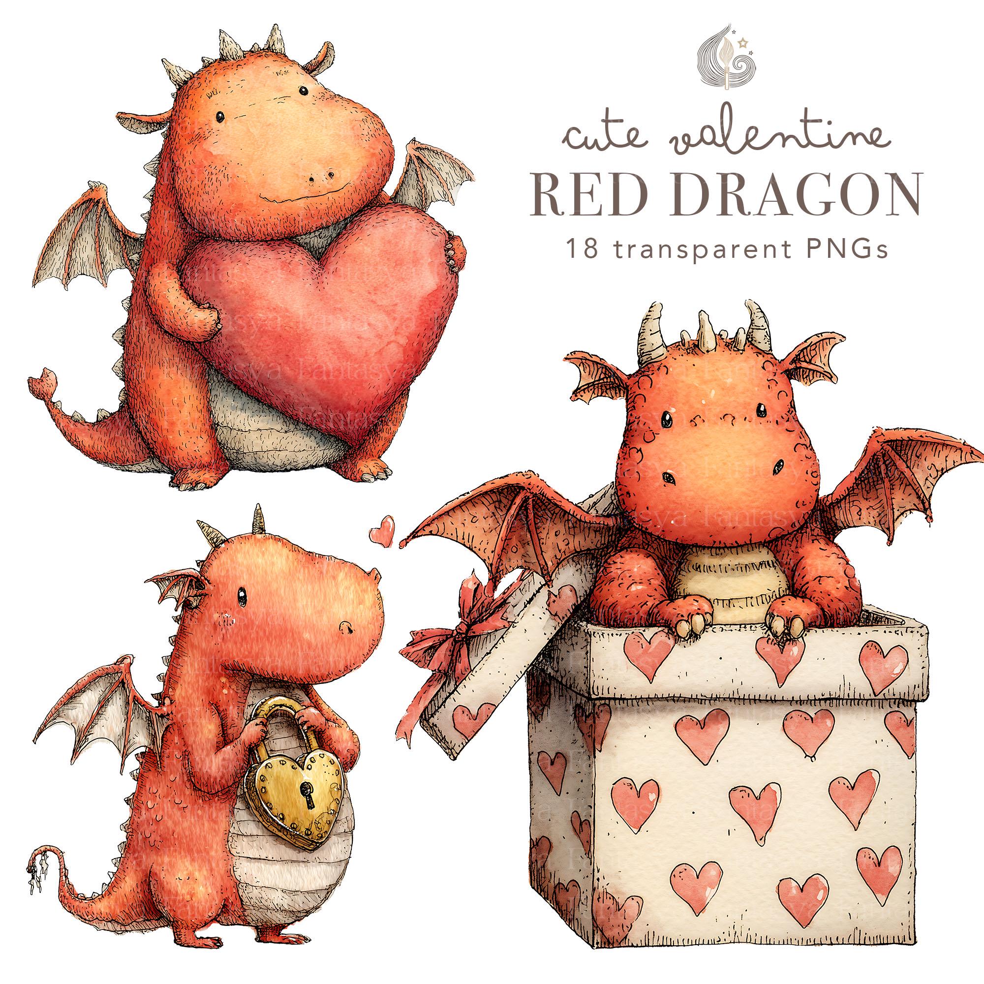 Cute Valentine Red Dragon Clipart Bundle: 18 Watercolor Dragon PNG ...