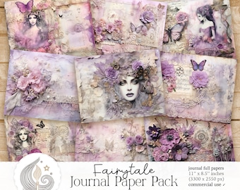 Fairytale Junk Journal Papers: betoverde achtergronden met bloemenportretten, kant en zachte pastellagen