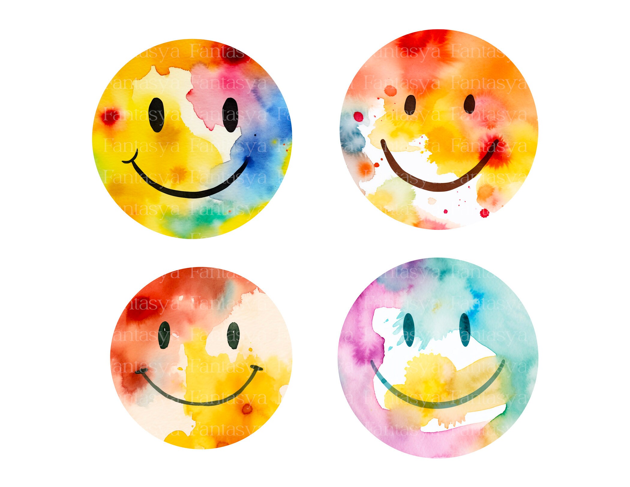 Watercolor Smiley Faces Clipart Pack: Colorful Happy Faces (PNG) - Etsy