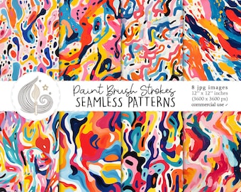 Paint Brush Strokes Seamless Patterns: Abstract Painterly Digital Paper Pack with Colorful Swirls