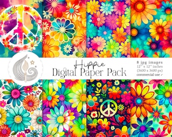 Hippie Pattern | Commercial Use | Digital Paper | Hippie Textures | Flower Power | Peace | Watercolor | Scrapbook Paper