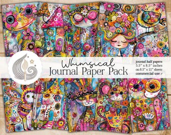Whimsical Junk Journal Pages: Colorful Fantasy Papers with Playful Character Illustrations